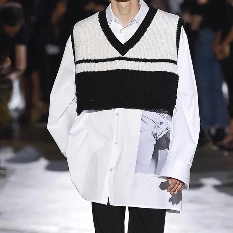 

2018 men's clothing GD Hair Stylist fashion Street College V collar loose spelling jacket vest plus size singer costumes