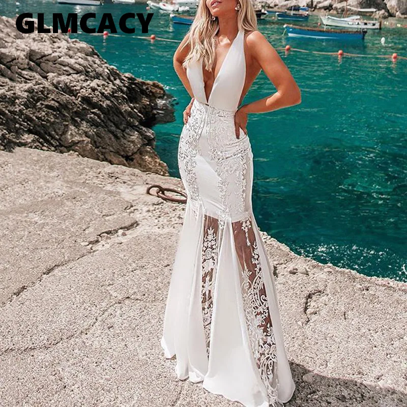 

Women Elegant Halter White Lace Dress Sexy Backless Sleeveless Ladies Maxi Party Dresses Autumn Vintage Long Dress Festa