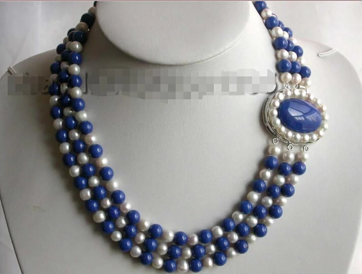 

20" 3rows Natural White Pearl Lapis Lazuli Necklace!