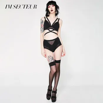 

IM SECTEUR Sexy Lace Diablo Series Panties Ruffle Trim Plus Size Underwear Sheer Panels Pure Color Simple Lingerie Intimates