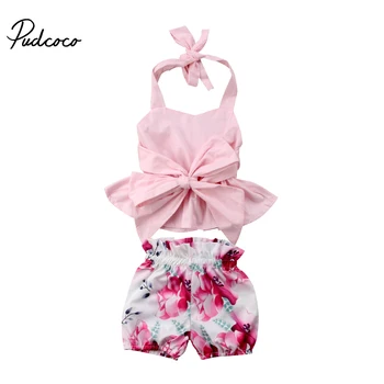 

2018 Brand New Summer Newborn Infant Toddler Baby Girls 2PCS Sets Floral Sleeveless Belt Bowknot Ruffles Vest Tops Floral Shorts