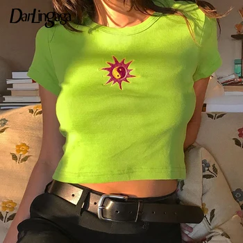 

Darlingaga Fashion ribbed neon green summer t shirt short sleeve Sun embroidery crop tops t-shirts for women neon top tee casual