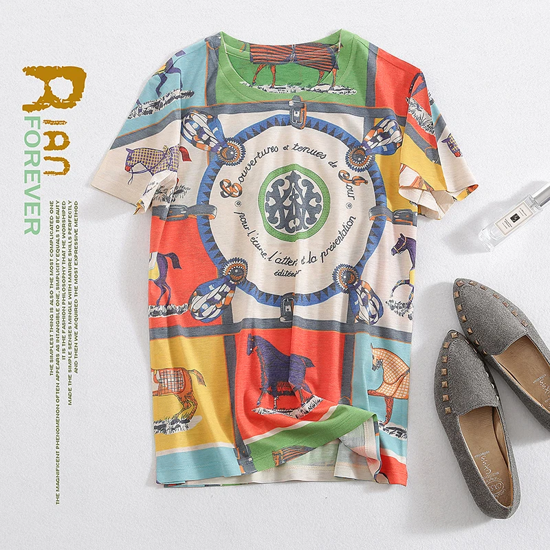 

New print T shirt elegant with half sleeve and round collar in European American fashion in summer of 2019