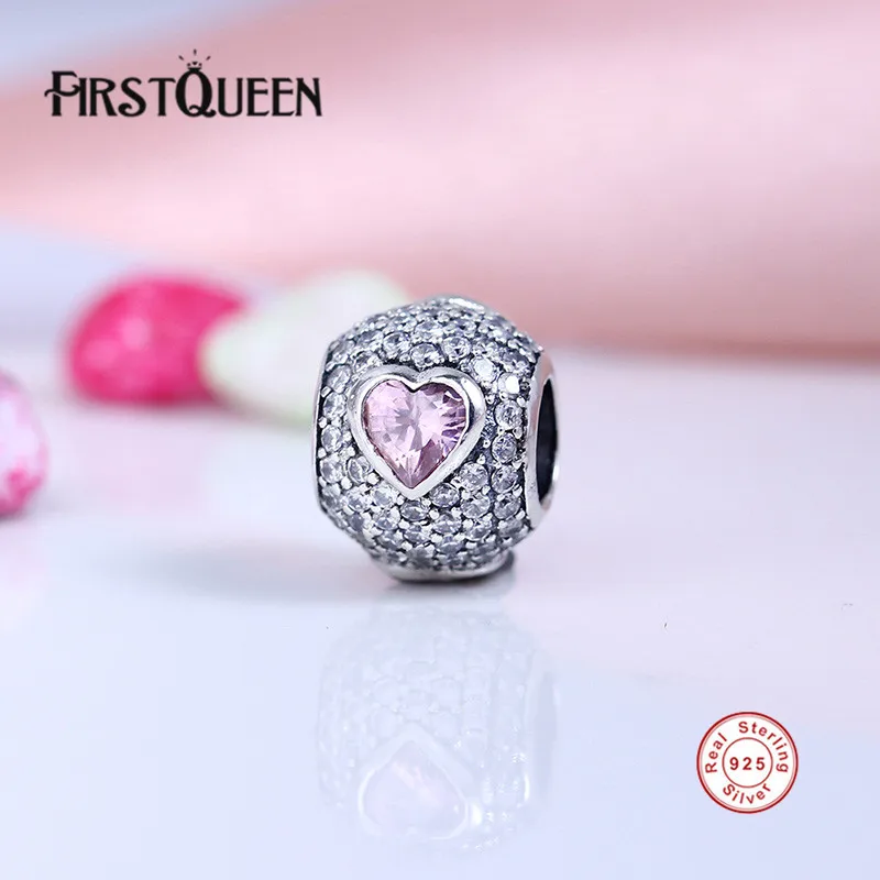 

FirstQueen Pink Crystal Captivating Heart Charms Beads 925 Sterling-Silver-Jewelry CZ Pave Ball Bead Fits Charm Bracelet E