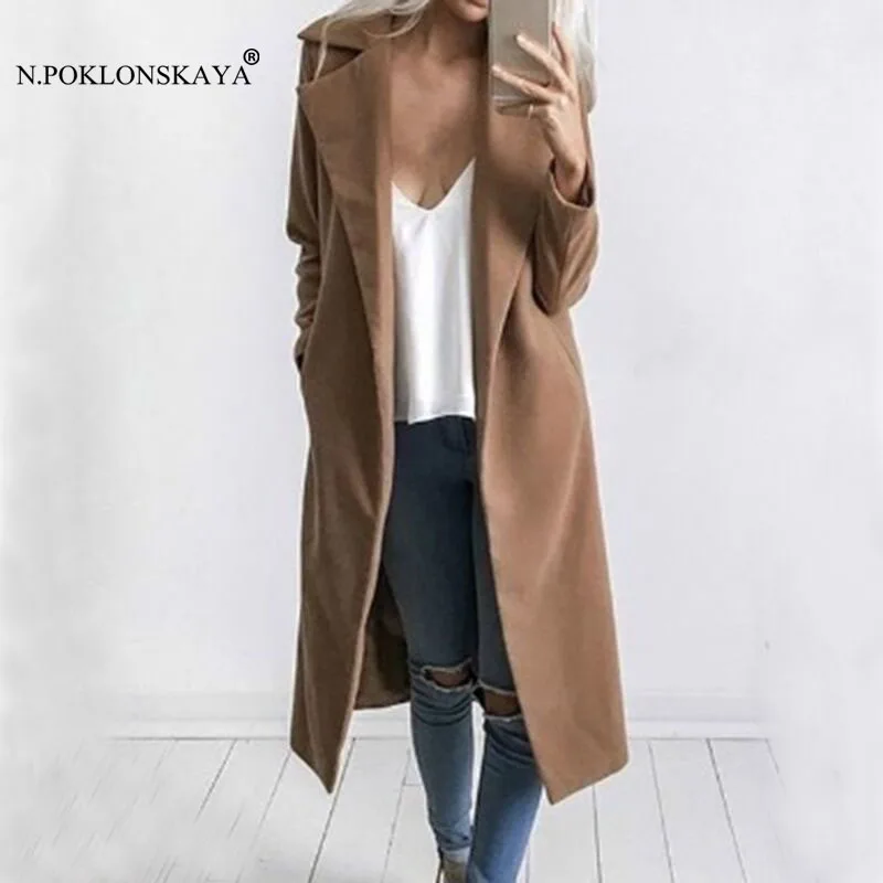 

5 Colors Women Coat Female Autumn Winter Long Sleeve Pockets Casual Jackets Slim Overcoat Outwear Solid Women's Maxi Long Coat