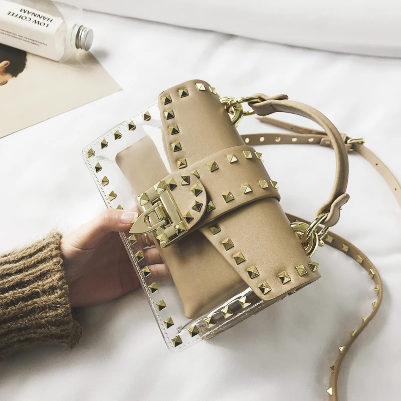 

2019 New Clear Transparent Rivet Shoulder Messenger Bags PVC Women Purses and Handbags