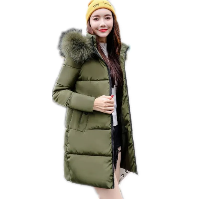 #*Cheap 2018 New Solid Winter Women Padded Down Cotton Jacket Hooded Fur Collar Slim Medium Long Parkas Thicken Casual Winter Coats Q580