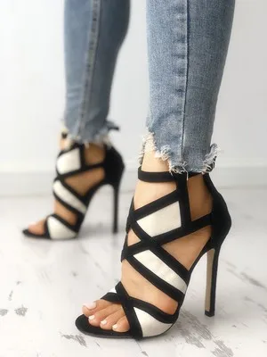 

Ladies Mix Color Thin Heels Party Ankle Strap Gladiator Sandals Shoes Women Sexy Sweet Hollow Summer High Heels Sandals Shoes