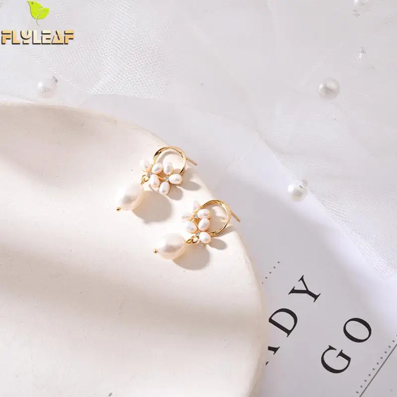 

Flyleaf 925 Sterling Silver Earrings For Women Gold Drop Natural Freshwater Pearl Earings Fashion Jewelry Simple Wedding Femme