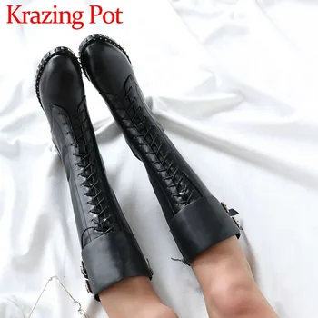 

High street fashion western boots european station buckles zipper natural leather round toe low rock heels knee-high boots L13