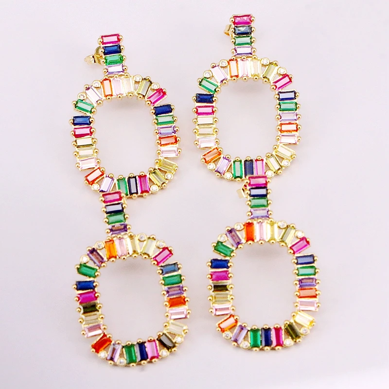 

4Pairs, Micro Pave CZ Crystal Rainbow Square shaped Zirconia Dangle Earrings Multi Fashion Jewelry