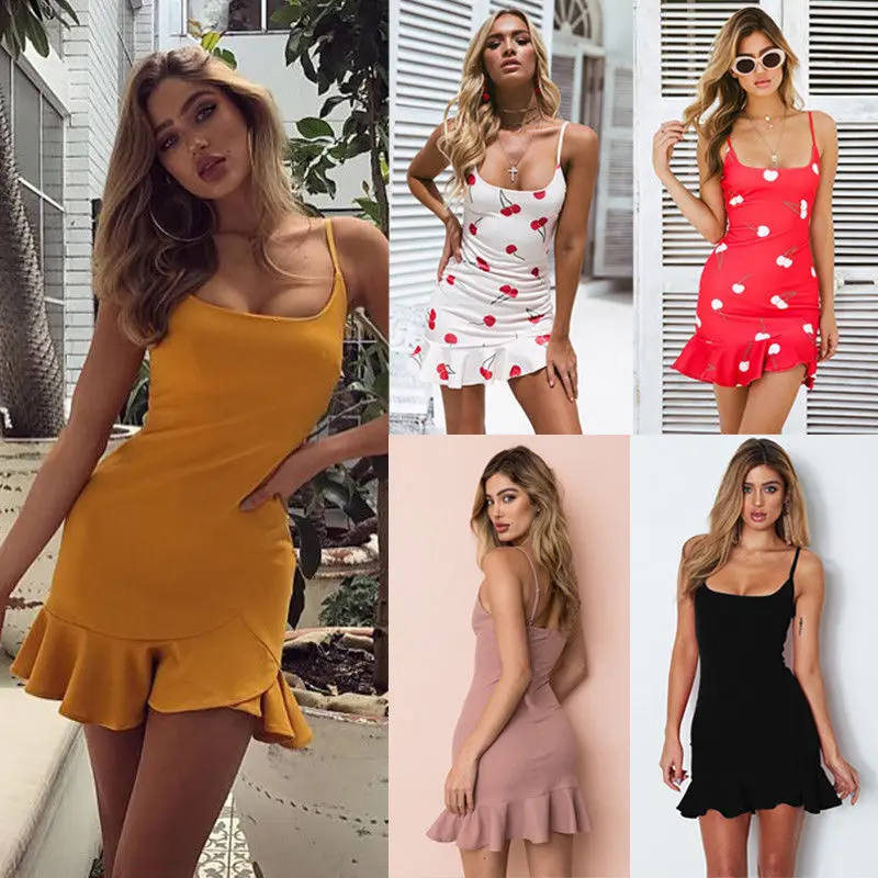 

Women Summer Mini Dress Ladies Boho Bodycon Strap Sleeveless Party Club Wear Ruffle Short Mini Sundress