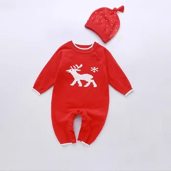 

1PC Baby Girl with Hat Bodysuit Long Sleeve Comfortable Red DeerOutfit Jumpsuit Infant Sweater Knitted Cotton Clothes