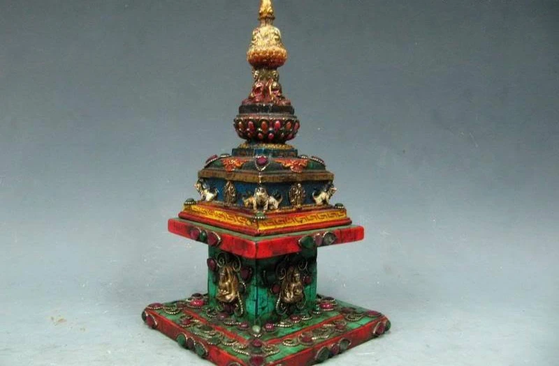 

Tibet wood & Copper Bronze ruby beryl Sakyamuni pagoda tower Buddhist pagoda
