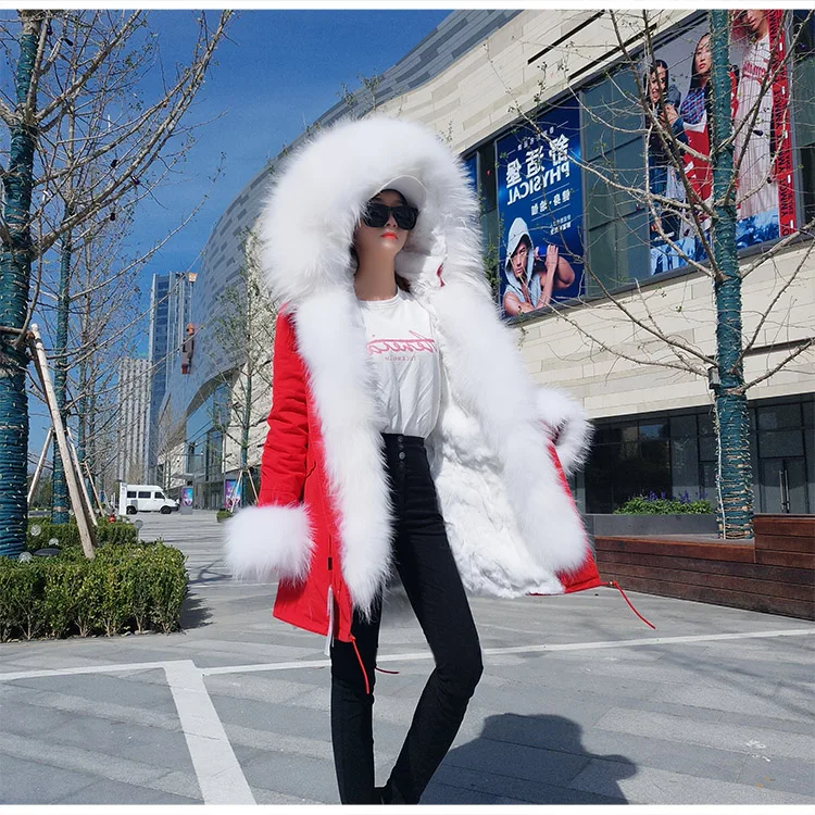 Lassie Женская зимняя высокая мода большой натуральный Лисий мех с капюшоном манжеты Длинные куртки женские натуральный кроличий мех толстые теплые пальто парки