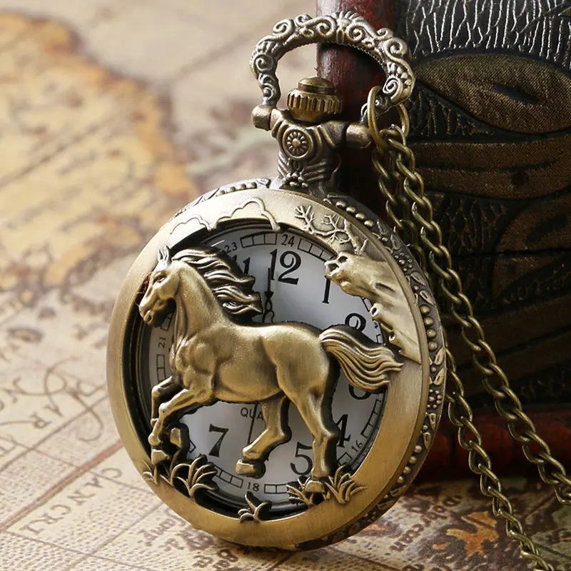 2018 Pocket Watch Retro Bronze Copper Horse Hollow Quartz Watch Clock Hour Fob 12 Zodiac Chain Pendant Birthday Souvenir Gifts for Men Women 2018 (4)