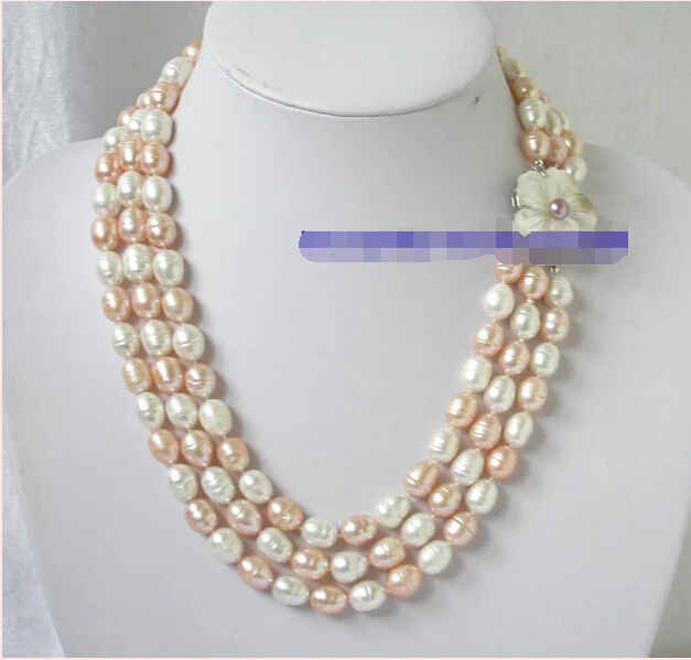 

N1034 Charming 3strands 21" 10mm pink white baroque rice necklace