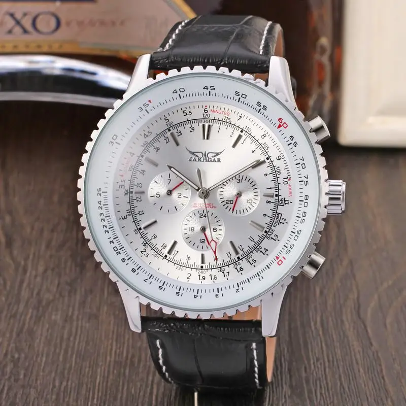 Jargar Top Brand New Men Automatic Fashion Dress Watch Silver Color Wristwatch With Black Genuine Leather Band Gift For Man - Цвет: Белый