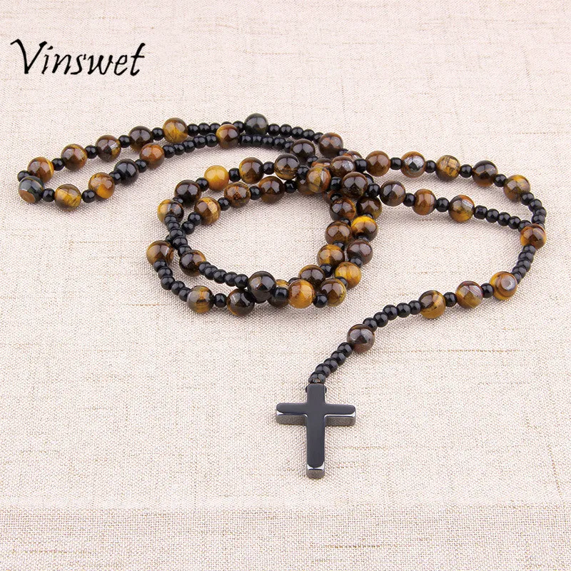 

Men Necklaces Beads Black Matte Onyx Prayer Necklace Hematite Cross Pendants Necklace for Fashion Women Men Jewelry