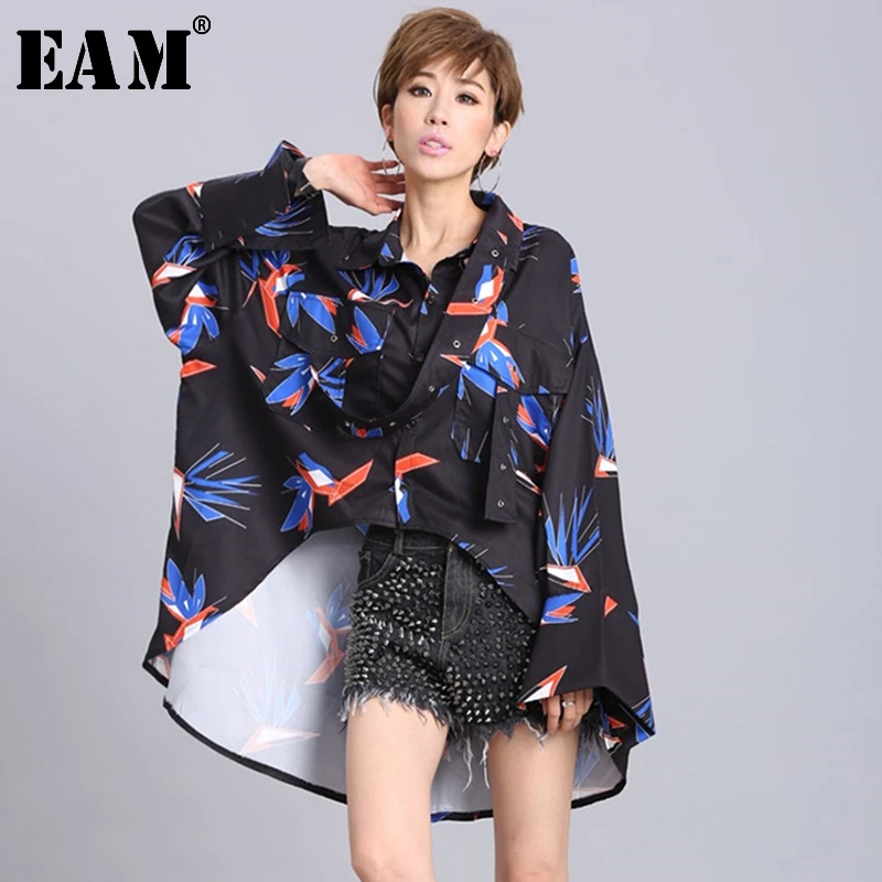 

[EAM] 2019Spring Woman Bird Pattern Turn-down Collar Turn-down Collar Single Breasted Irregular Length Blouse Shirt LE519