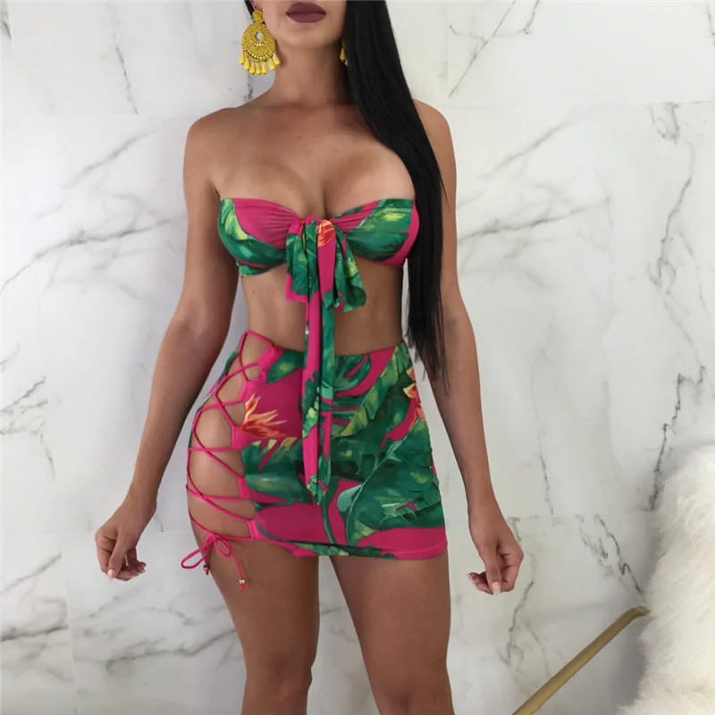 

Green Leaf Print Bohemia Bikini Set 2019 Summer Women Bow Bandage Bandeau Strapless Lace Up Skirt Swim Suit Beach Wear