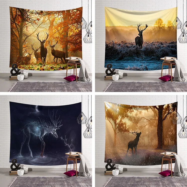 

Elk Strolling Forest Tapestry Wall Hanging Wall art Large Deer tapestry Fabric decorative blanket Beach Towel tapestry 130x150cm