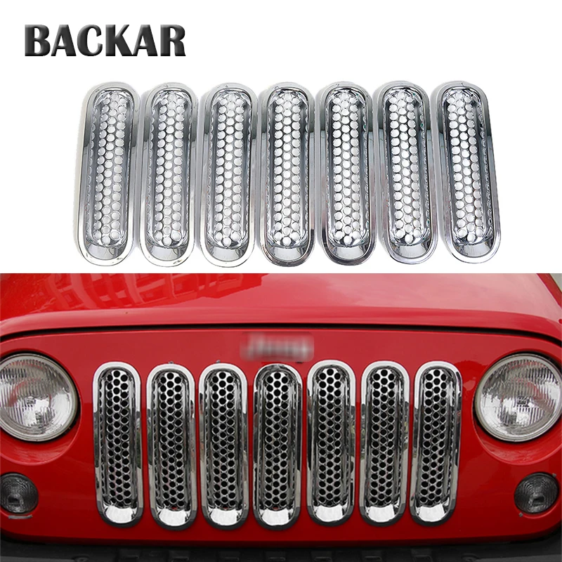 

BACKAR Car Styling Black Front Grille Silver Insect net Trim Cover Grid Decorative Circle For Jeep Wrangler Rubicon JK 2006-2018