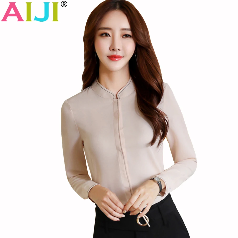 AIJI Summer Elegant Women Long Sleeve Shirt OL Career Stand Collar Chffon Blouse Tops Ladies Office