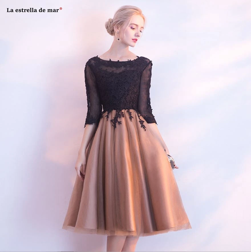 Black Gold Stitching Cocktail Dress Tea Length Prom Gown with Cocktail Scoop Collar Halter and Lace Half Sleeves image 6