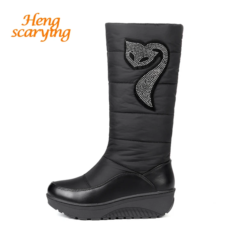 

2018 Plus Size 44 Women Knight Winter Warm Winter Down Plush Boots Female Wedges Boots Lady Brown Rubber Crystal Glitter Shoes