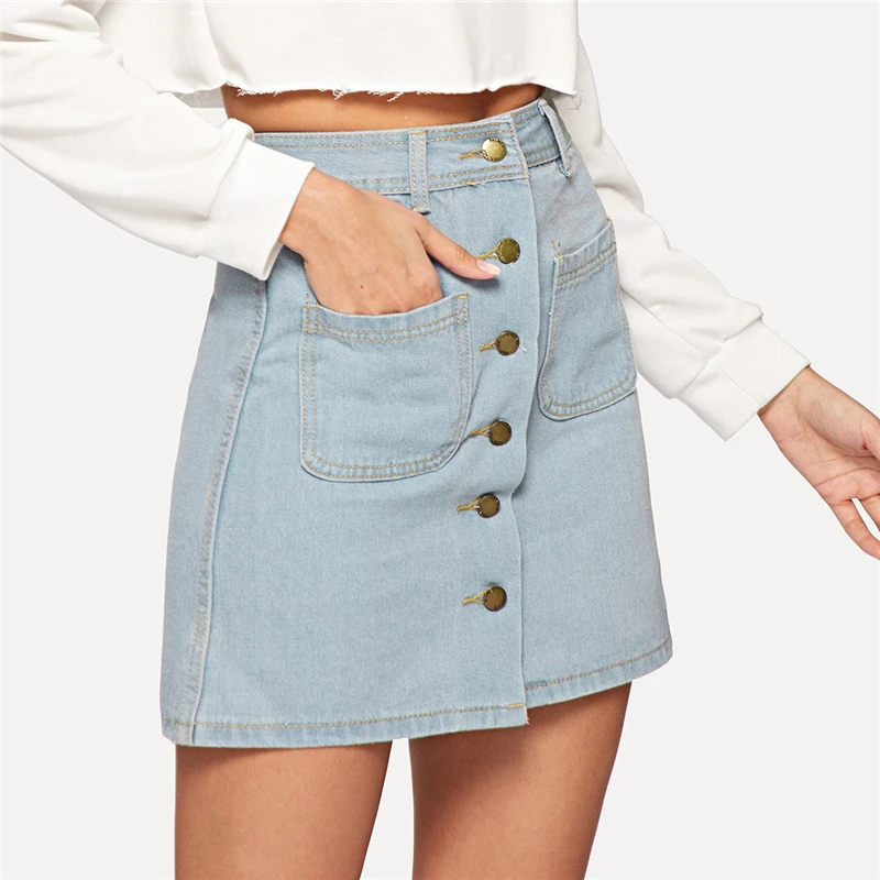 SweatyRocks, джинсовая юбка с двумя карманами и пуговицами спереди, уличная одежда, синяя трапециевидная короткая юбка, летняя мода, женские повседневные мини-юбки