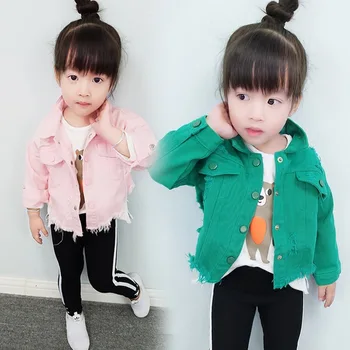 

New Clothing Girls Spring / Autumn Denim Girls Jacket Hole Raw Edge Korean Version of The Princess Jacket Grass Green Pink Shirt