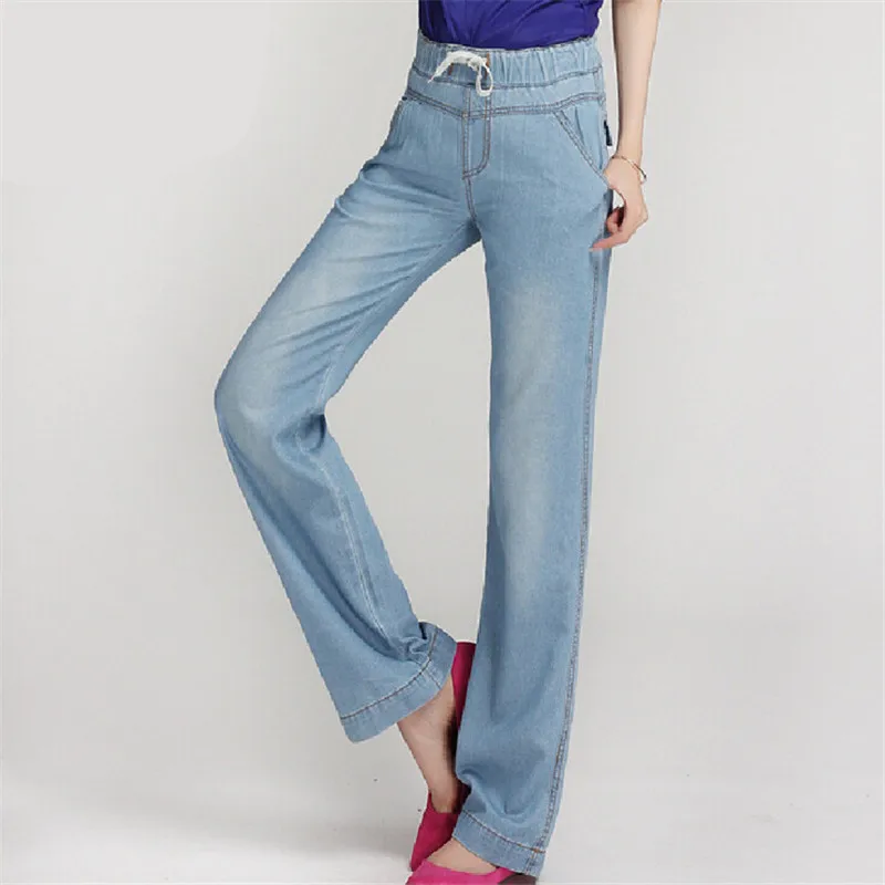 Новинка, высокое качество, женские облегающие прямые джинсы с высокой талией, Модные расклешенные брюки, удобные штаны, винтажные джинсы размера плюс - Цвет: Light Blue
