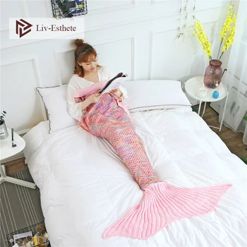 

Liv-Esthete Fashion Pink Mermaid Throw Blanket Knitted Handmade Blanket Super Sofa Best Gift For Adult Kids Child Blanket