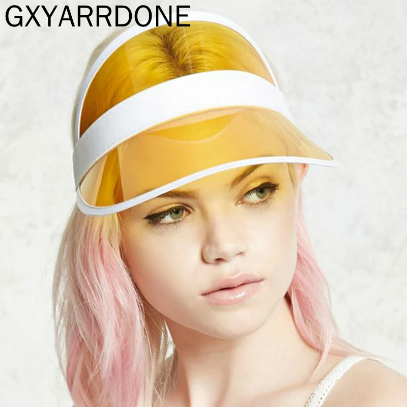 

2019 Summer Sun Hats For Women Men Candy Color Transparent Empty Top Sunshade Hat Plastic PVC Bicycle Sunhat Ladies Cap