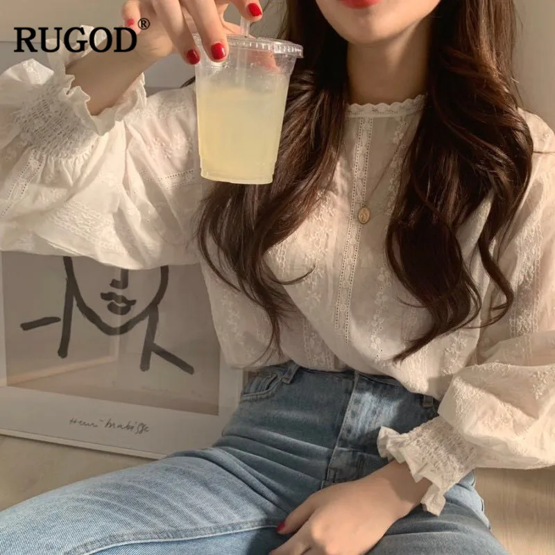 RUGOD korean elegant floral print women blouse Vintage lantern sleeves lace white sweet ladies shir