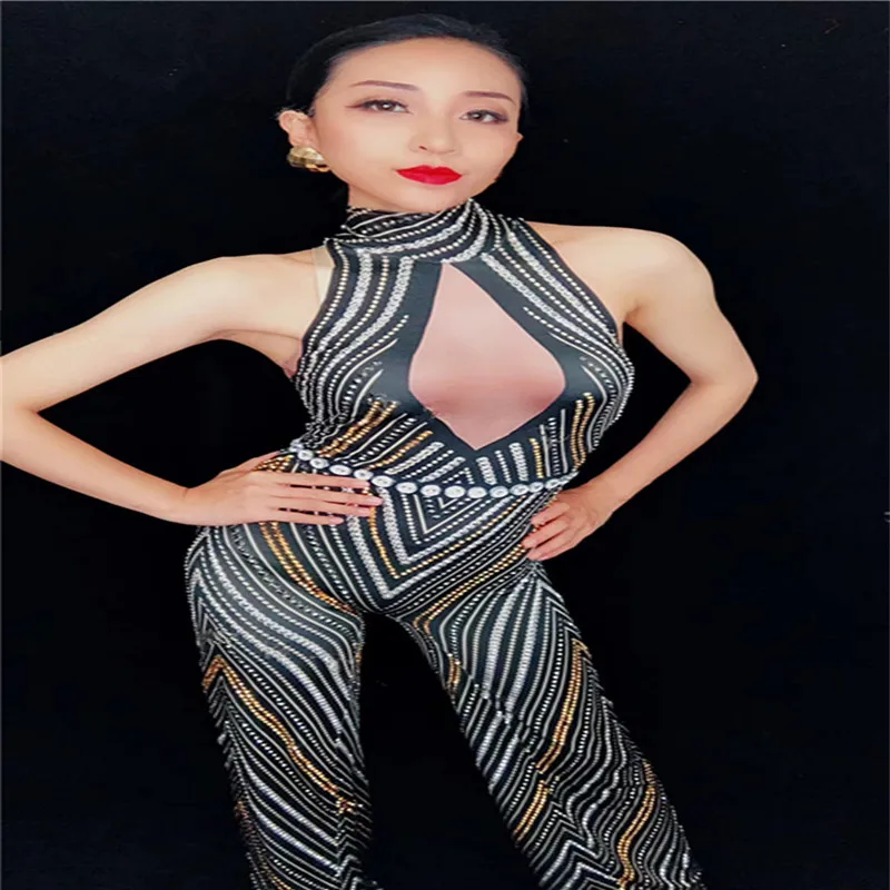 

K3 Sexy female bodysuit catwalk performance Siamese pants dj jumpsuit stage wears dance costumes bar printing Rhinestone outfit
