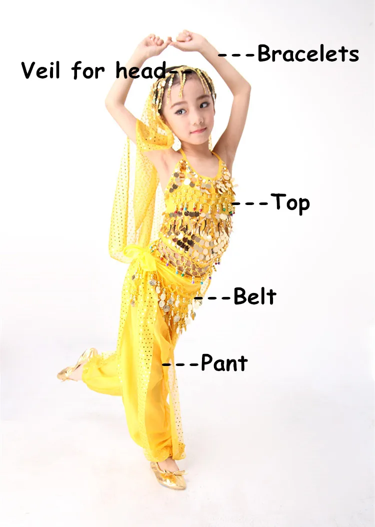 Костюм для танца живота, топ, штаны с шарфом, ручная работа, детский Болливуд, индийский костюм для танца живота, женская одежда, 3 цвета - Цвет: Yellow 5pcs