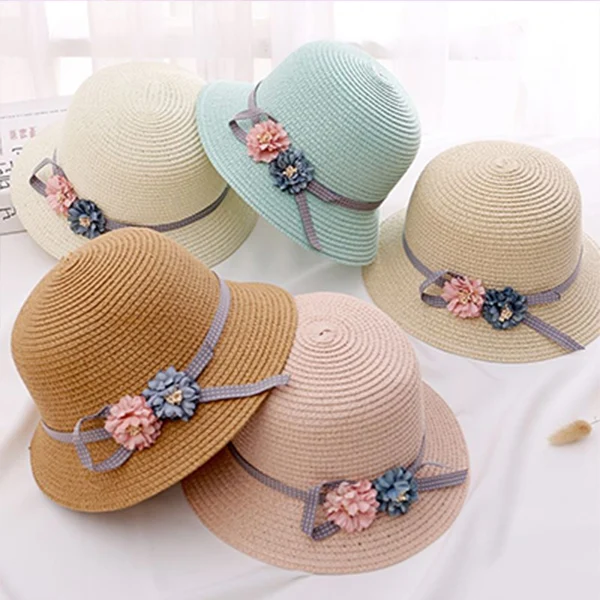 

HOT 2pcs Women Straw Hat Knot Bow Floral Wide Brim Parental-Child Cap for Beach HV99