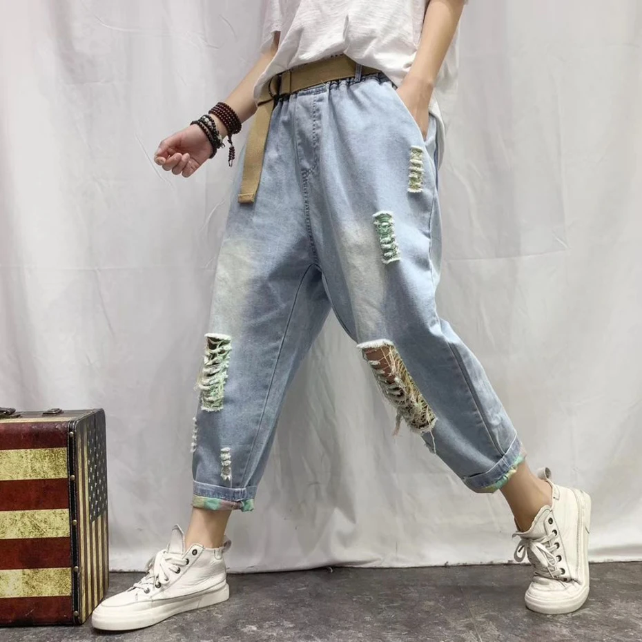 Women Denim Straight Pants Bottom Jeans Trousers Loose Ripped Holes Vintage Fashion Casual for Spring Summer D90020