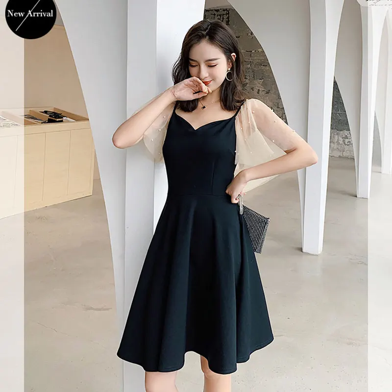 

Summer new women's clothes temperament beaded mesh stitching dress large set thin V neck waist Hepburn style A word black dress