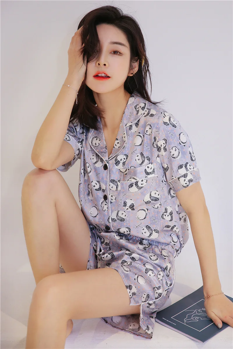Летние пижамы шелковые женские сексуальные с v-образным вырезом пижамы комплект с коротким рукавом Повседневная Домашняя одежда женские