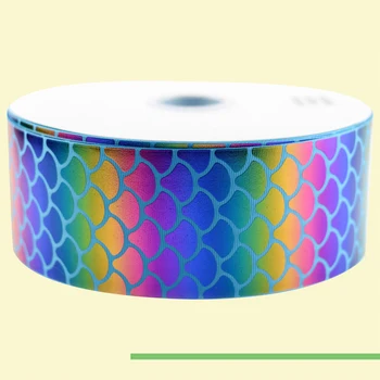 

3" inch 75 mm 7.5cm blue based colorful based foil laser scales free shipping printed grosgrain ribbons for gift decoration