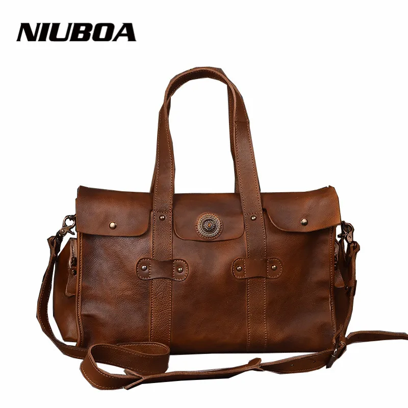 

NIUBOA Vintage Genuine Leather Travel Bag Men Soft Real Leather Duffel Bag Luggage Travel Bag Business Duffle Bags Weekend Tote