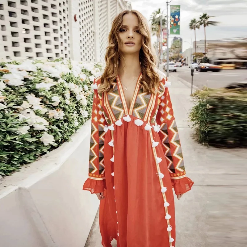 

Ukraine Embroidered Linen Maxi Dress tassle front V-neck long sleeve boho dress loose dress female vestido 2018 Vintage Dress