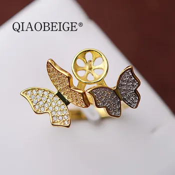 

QIAOBEIGE 2pcs New 925 Sterling Silver Accessory Wholesale 925 jewelry butterfly shaped jewelry pearl Ring for Women best gift