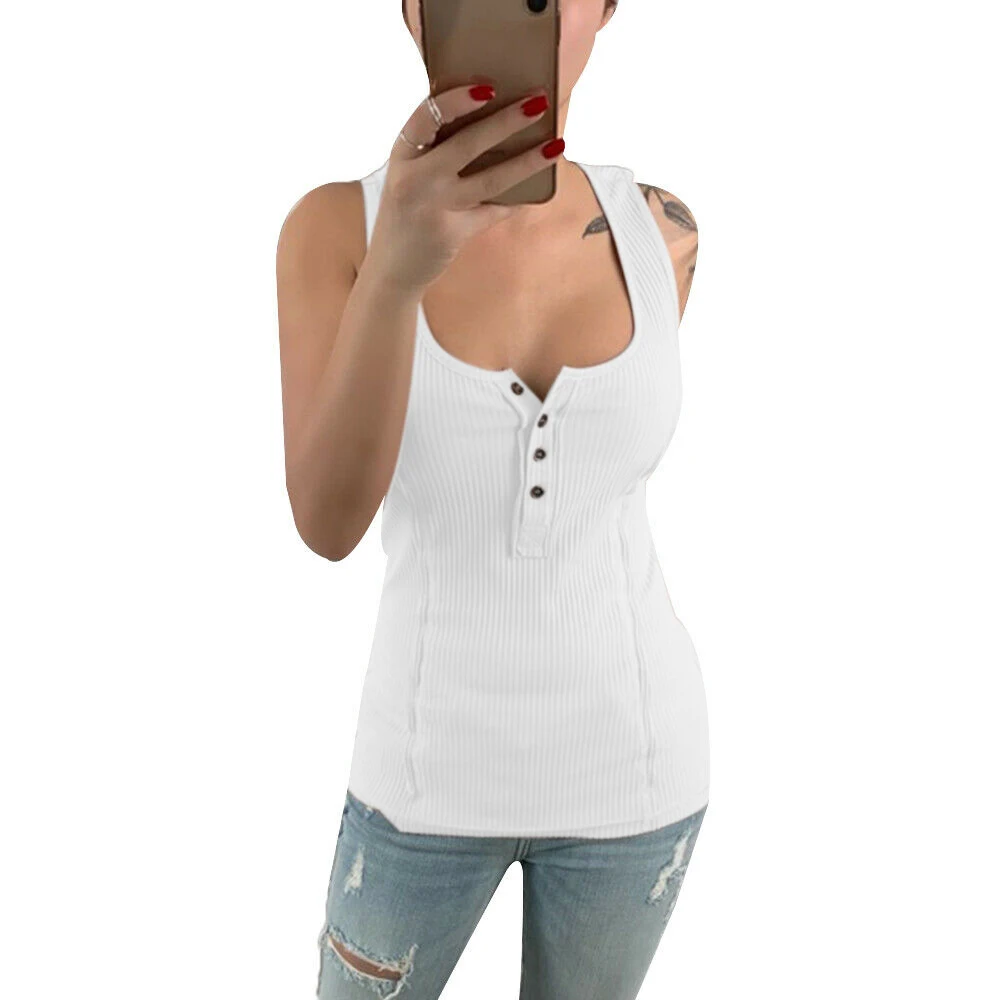 Summer New Ladies Casual Street Daily Sleeveless Solid Skinny Tank Top Vest Women High Quality Scoop Neck Low Cut Button Vest