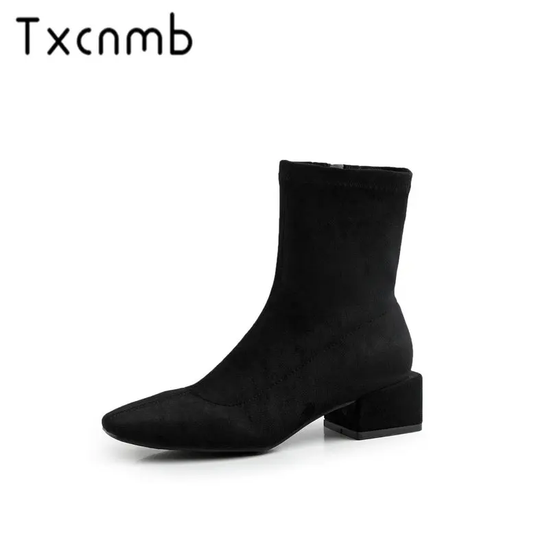 

TXCNMB Top Quality Women Suede Leather Mid-calf Boots Square Heels Zipper Warm Shoes Woman Winter Motorcycle Boots