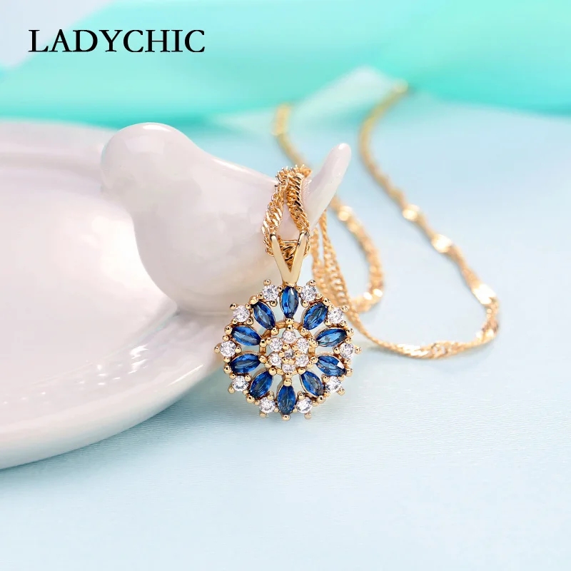 

LADYCHIC Blue Crystal Charm Necklaces & Pendants Silver Gold Color AAA Quality Zircon Flower Design Women Gifts Wholesale LN1137