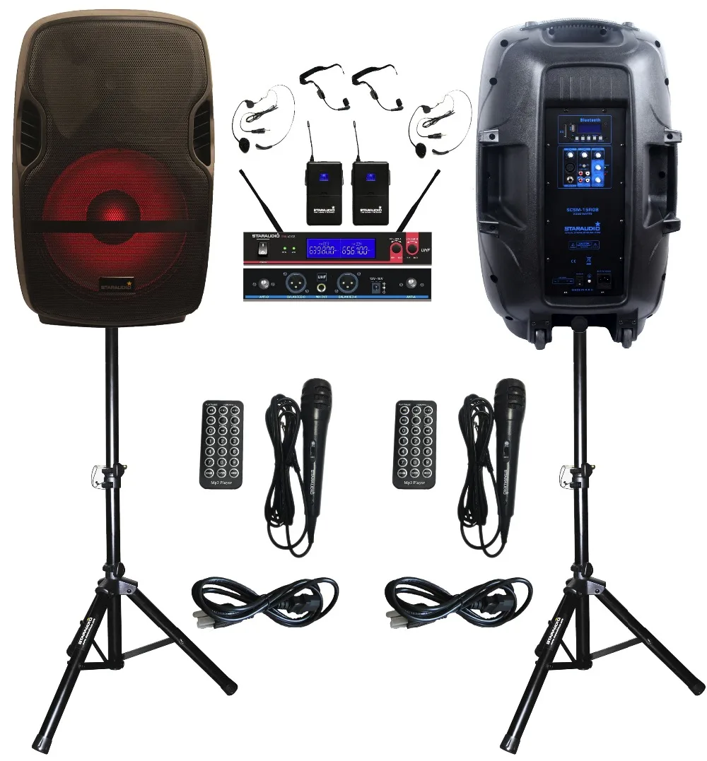 

STARAUDIO Pair SCSM-15RGB 2000W 15'' PA DJ KTV Stage Karaoke Powered Active BT SD MP3 Speakers With LED Light Stands 2CH UHF MIC
